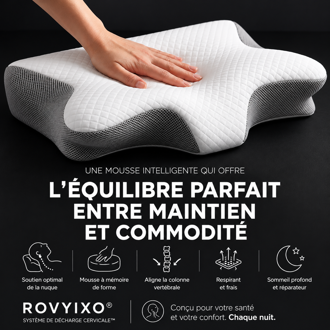 Oreiller Cervical ROVYIXO™ | Alignement, confort & soutien toute la nuit